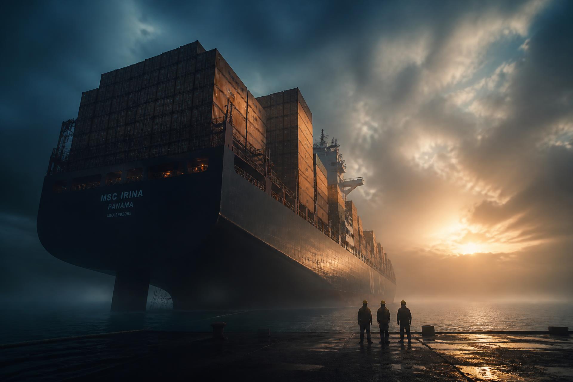 Navio porta-contêineres em terminal portuário internacional ao amanhecer